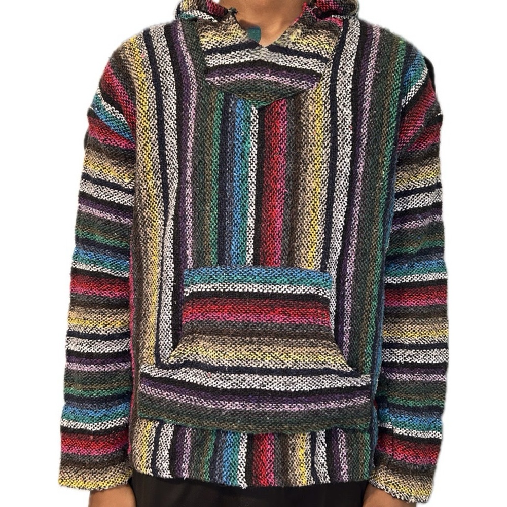 Mexican Baja Jacket Beach Surfer Pullover Hoodie (Drug Rug) Size Medium